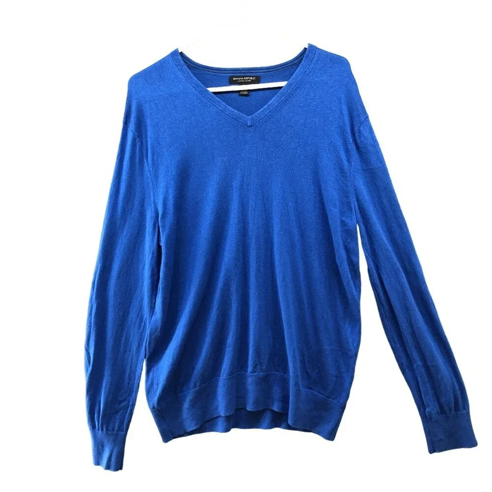 Banana Republic Luxury Blend Sweater Mens L‎ V-neck Blue Silk Cashmere Pullover